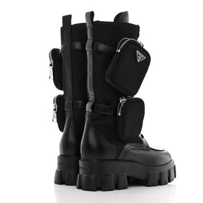 Prada Spazzolato Rois Re-Nylon Metal Triangle Logo Monolith Pouch Pocket 55mm Tall Combat Boots 41 Black 4 of 8
