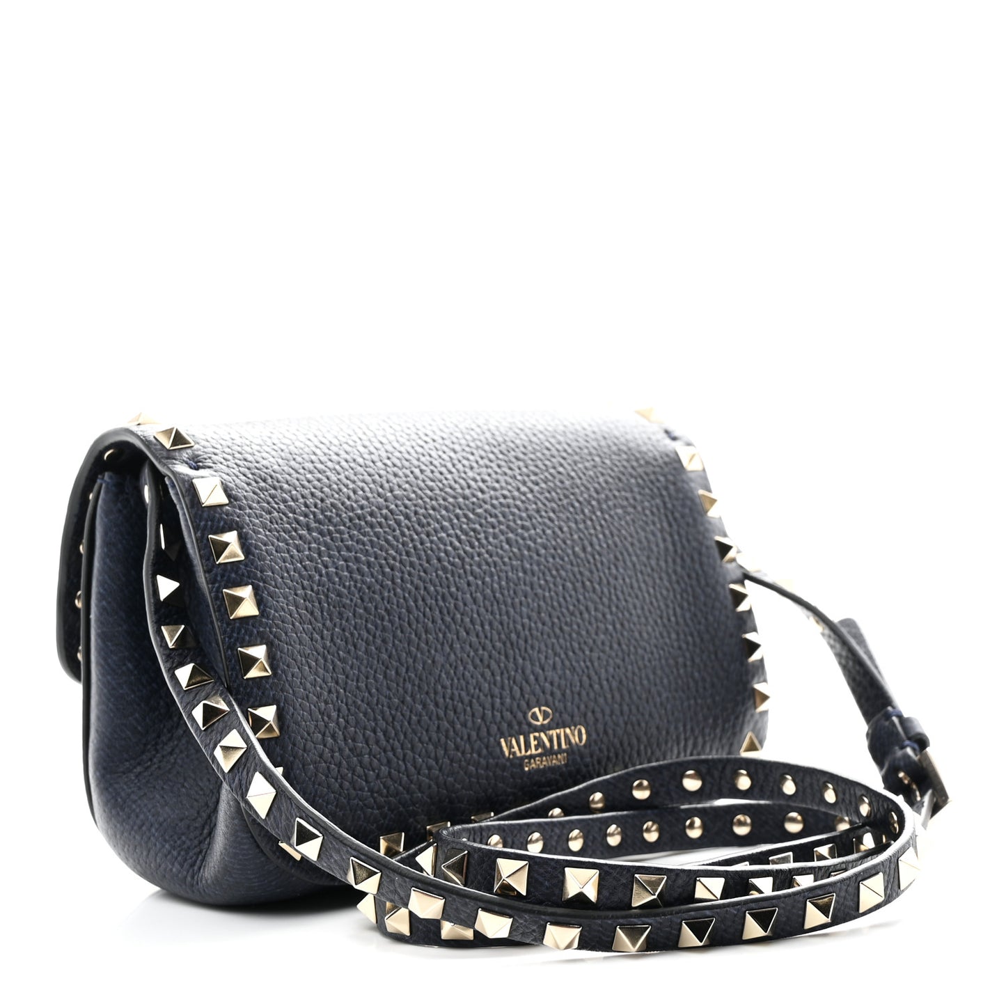 Pebbled Calfskin Mini Rockstud Crossbody Bag Navy Blue