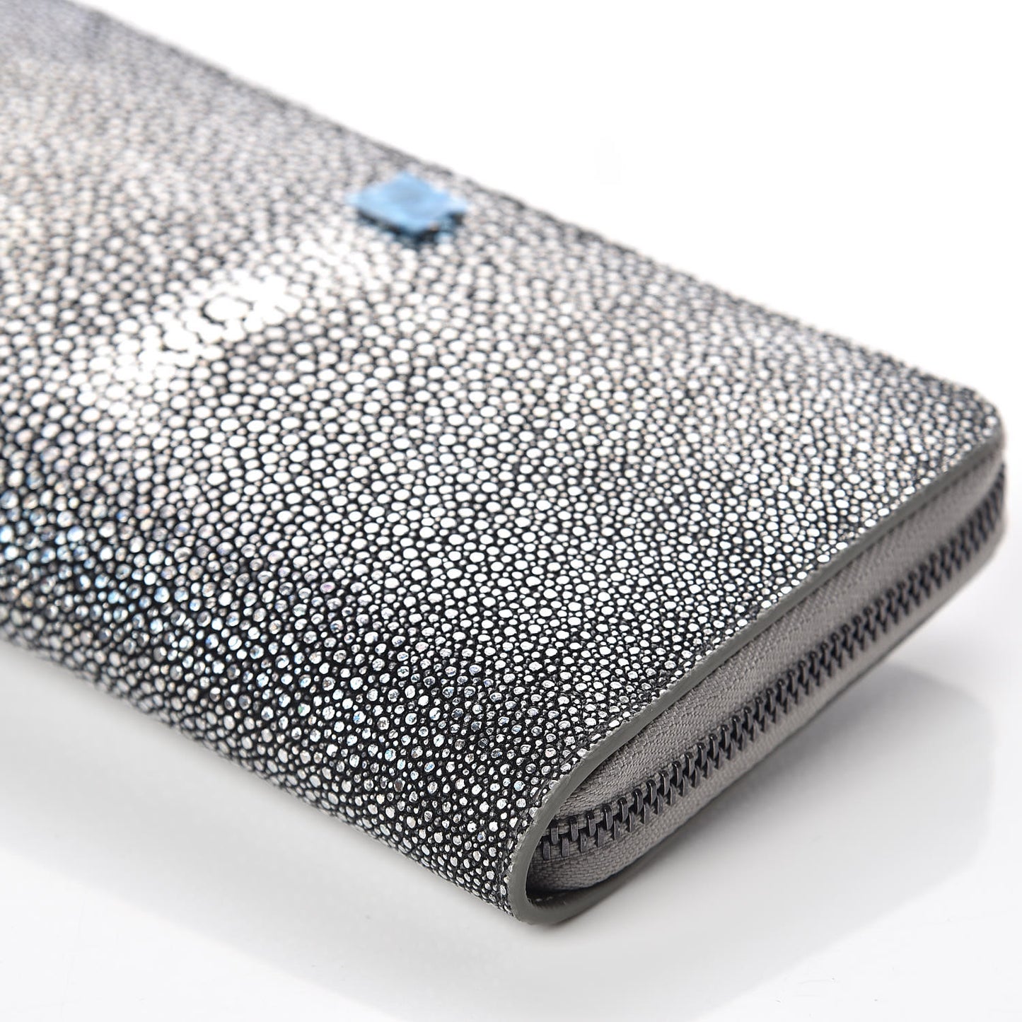 Metallic Galuchat Stingray Zip Around Wallet Silver