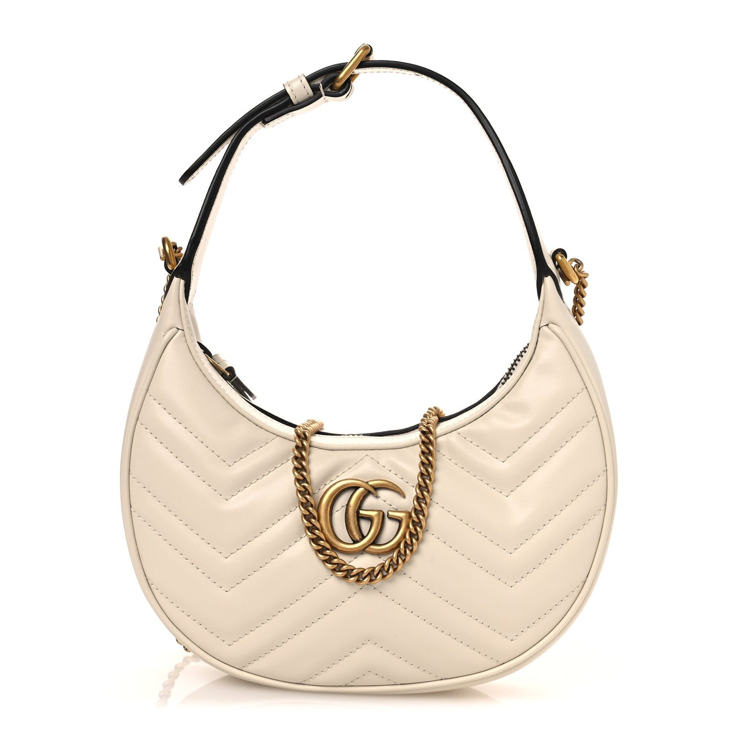 Calfskin Matelasse Chevron Mini GG Marmont Half Moon Hobo Mystic White