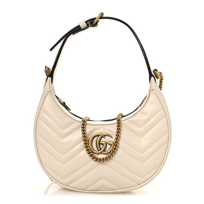 Gucci Calfskin Matelasse Chevron Mini GG Marmont Half Moon Hobo Mystic White 1 of 9