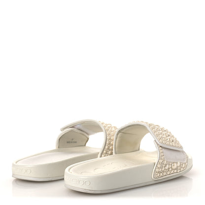 Jimmy Choo Canvas Pearl Embellished Fitz Slide Sandals 37 White 5 of 13