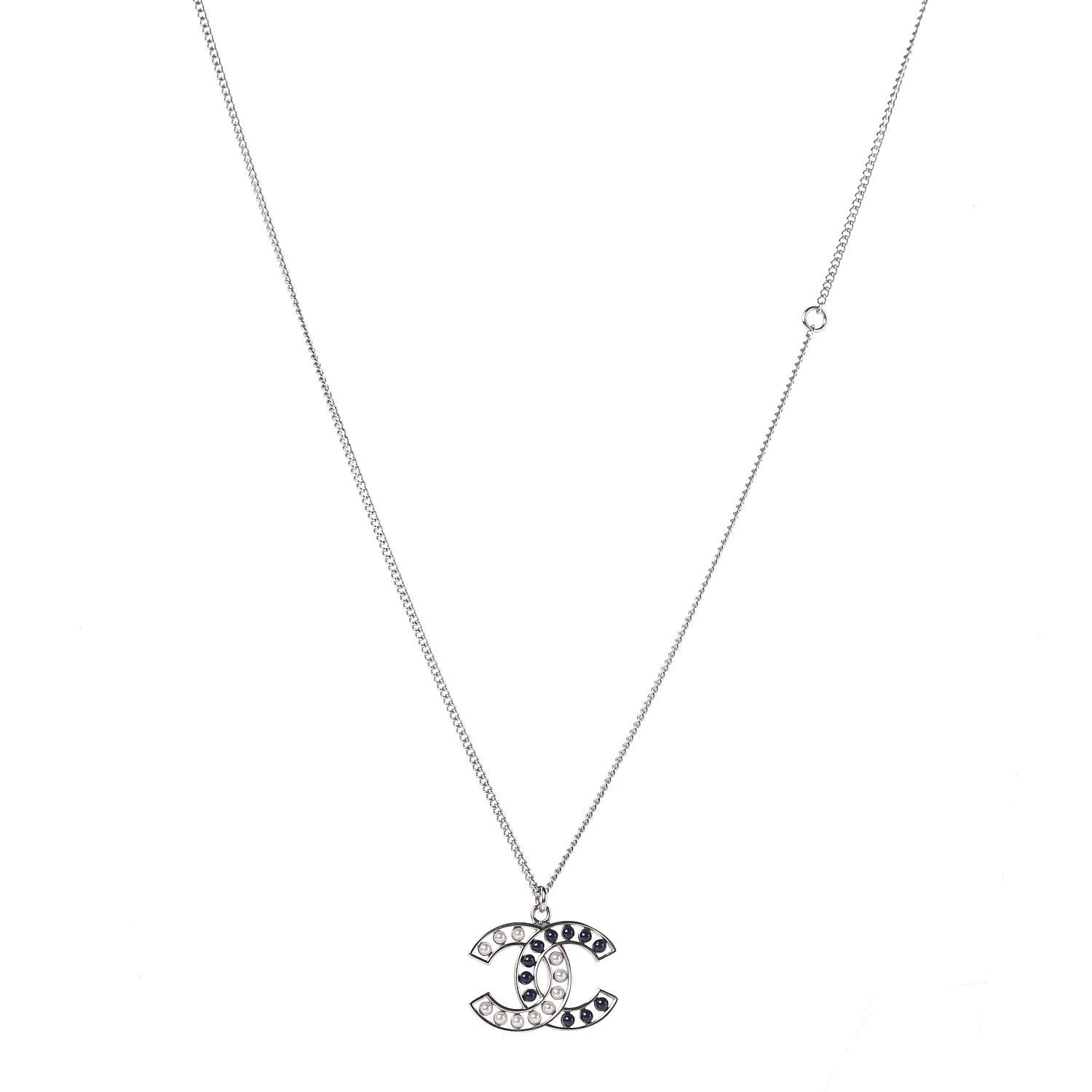 Chanel Pearl CC Pendant Necklace Silver 1 of 6