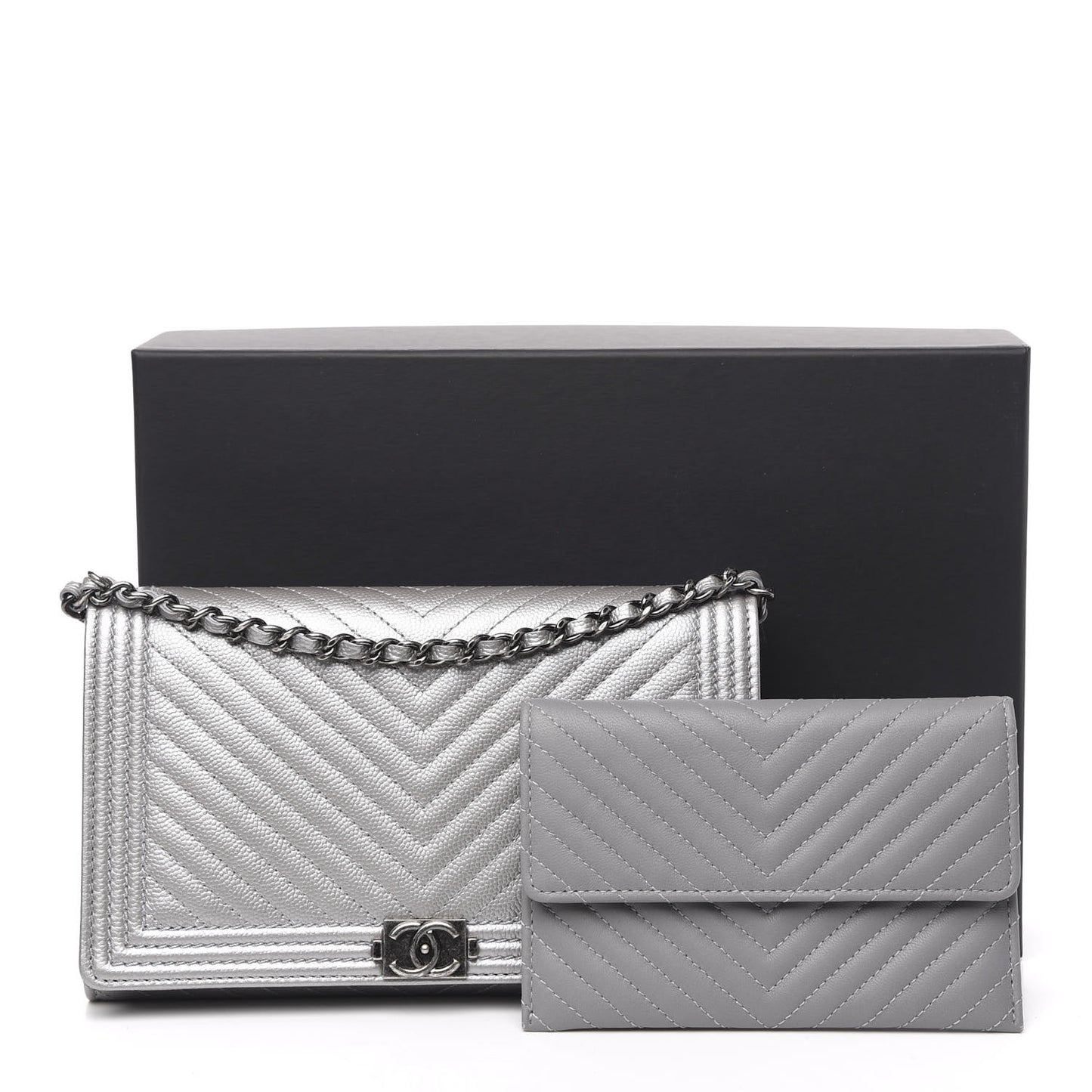 Metallic Caviar Chevron Quilted Boy Wallet On Removable Chain WOC Silver