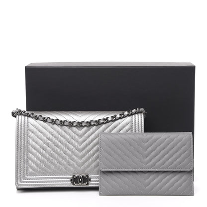 Chanel Metallic Caviar Chevron Quilted Boy Wallet On Removable Chain WOC Silver 14 of 14