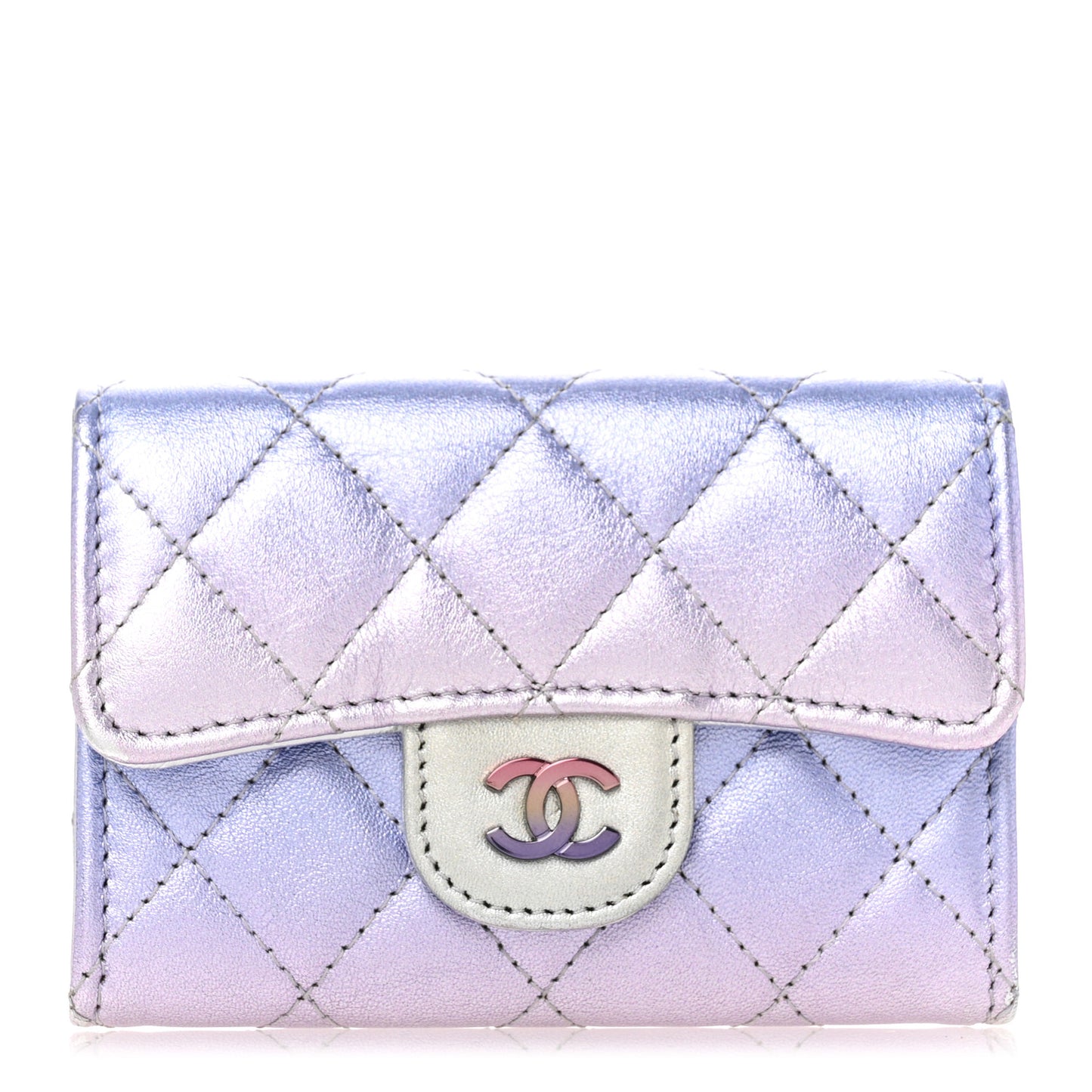 Gradient Metallic Calfskin Quilted Flap Card Holder Wallet Silver Blue Yellow Purple