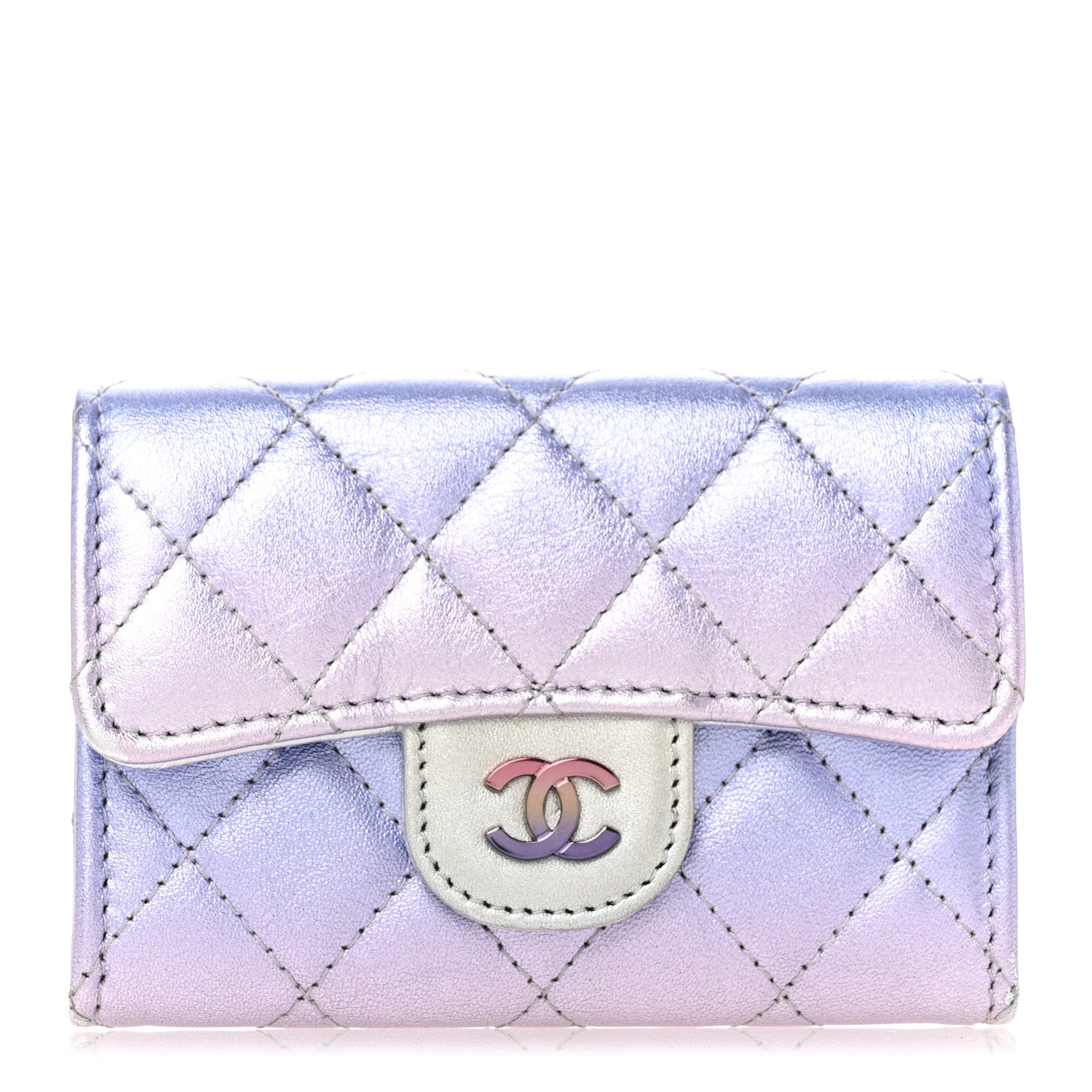 Chanel Gradient Metallic Calfskin Quilted Flap Card Holder Wallet Silver Blue Yellow Purple 1 of 11