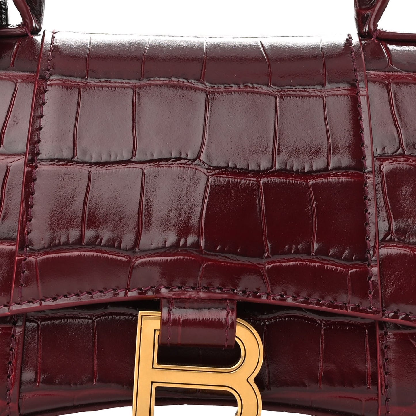 Shiny Calfskin Crocodile Embossed Hourglass Top Handle Bag XS Dark Red