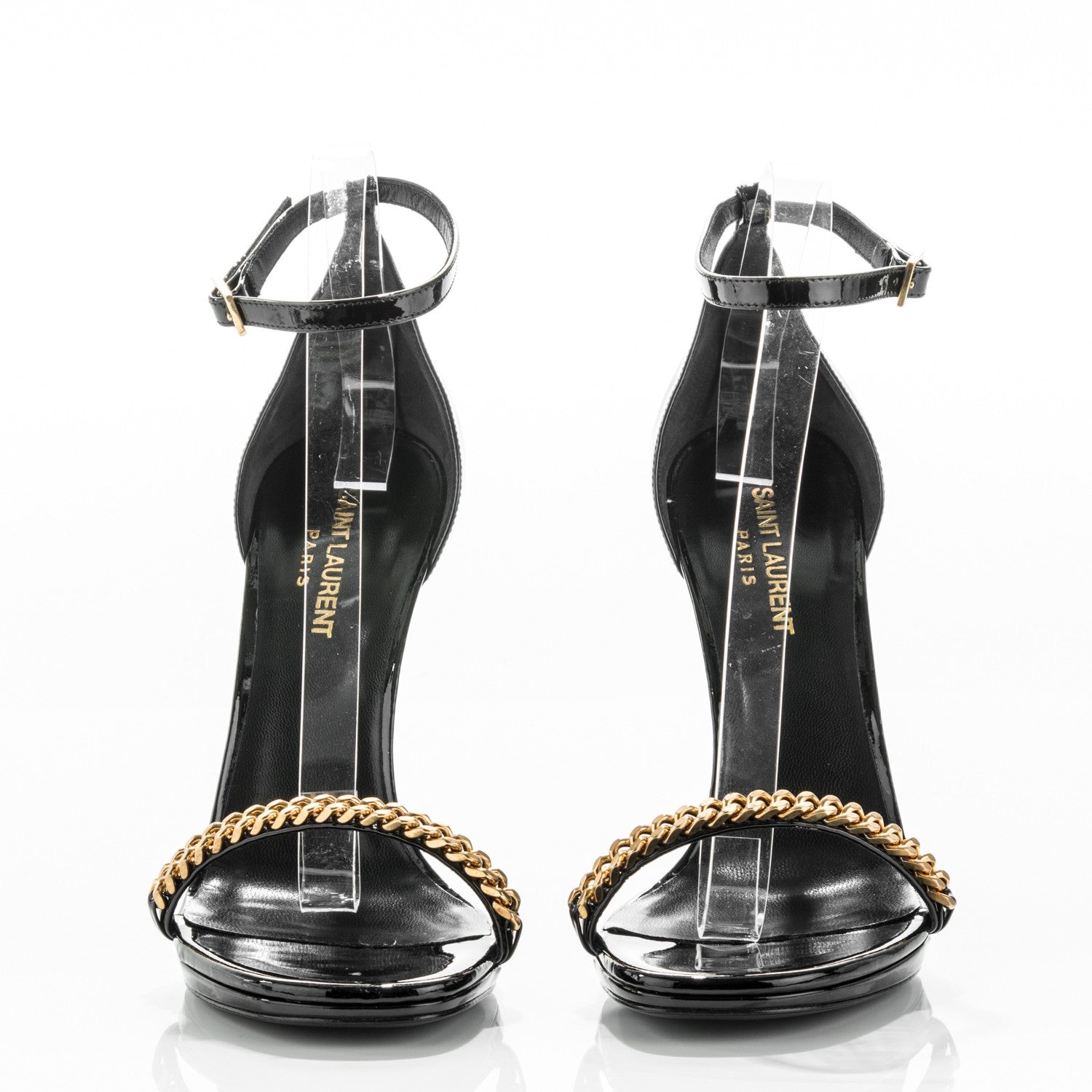 Saint Laurent Patent Calfskin Chain Jane 110 Ankle Strap Sandals 38.5 Black 2 of 7