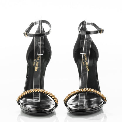 Saint Laurent Patent Calfskin Chain Jane 110 Ankle Strap Sandals 38.5 Black 2 of 7