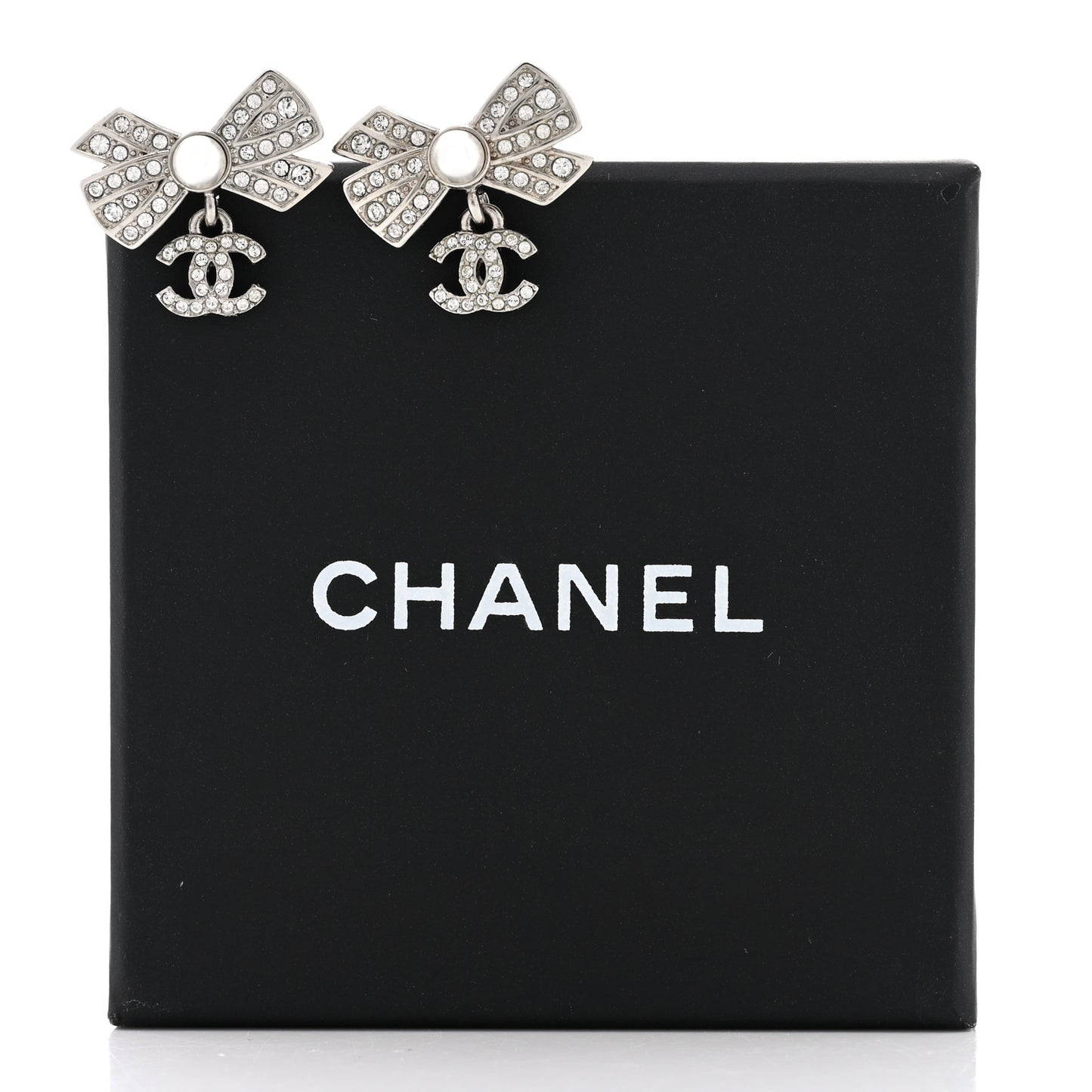 Crystal Pearl Bow CC Drop Earrings Silver