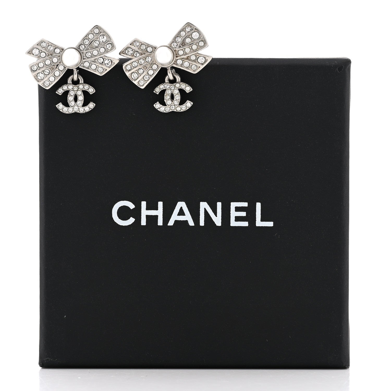 Chanel Crystal Pearl Bow CC Drop Earrings Silver 5 of 5