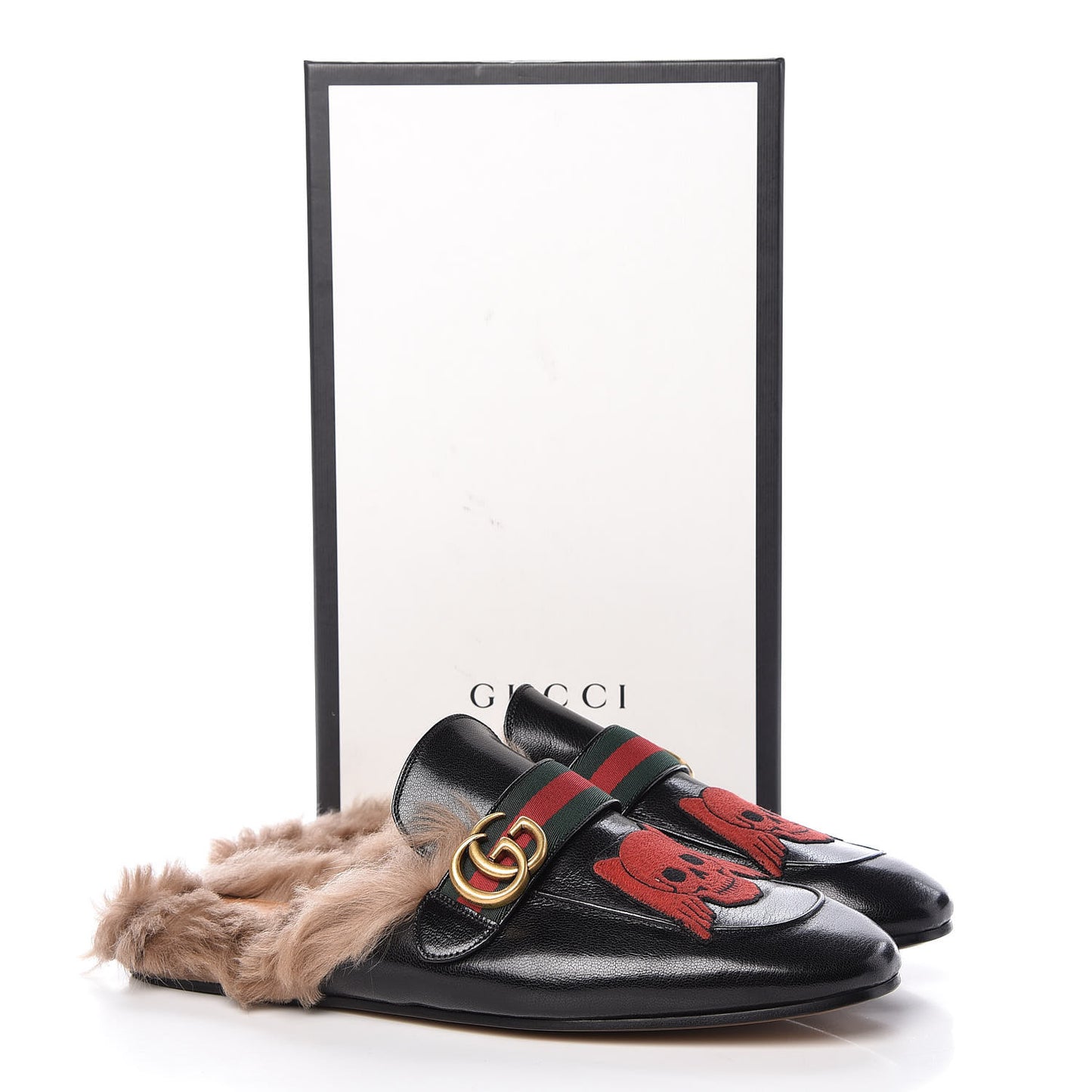 Goatskin Fur Web GG Skull Embroidered Mens Princetown Slippers 11 Black