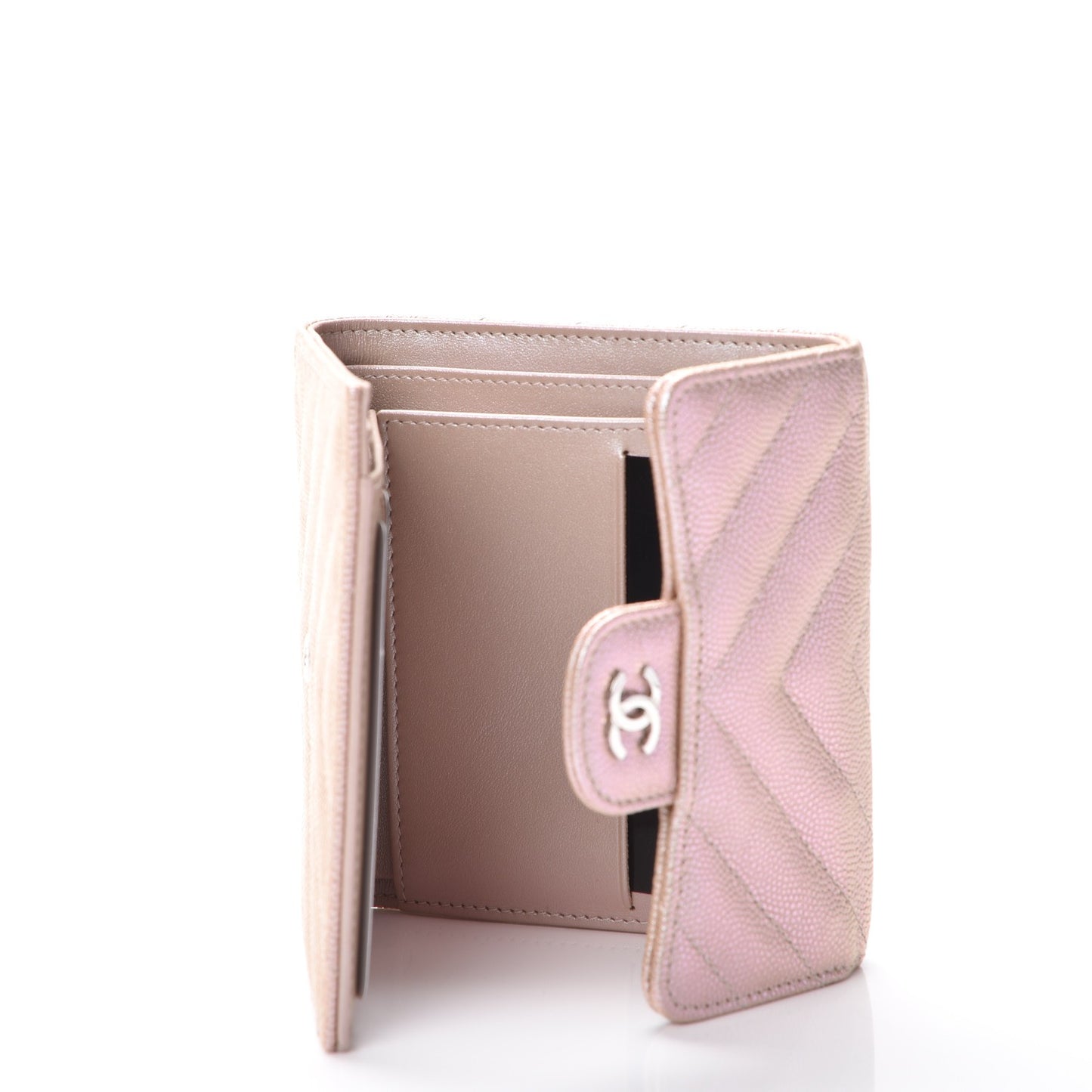 Metallic Caviar Chevron Quilted Compact Flap Wallet Light Gold