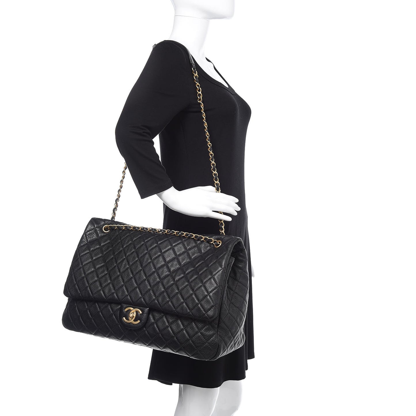 Calfskin Quilted XXL Travel Flap Bag Black