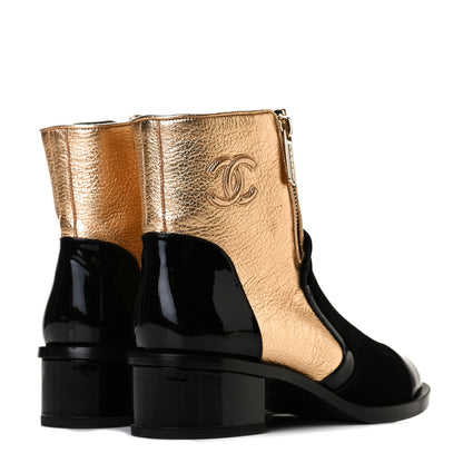 Chanel Metallic Calfskin Suede Patent Cap Toe CC Zip Boots 38.5 Gold Black 3 of 7
