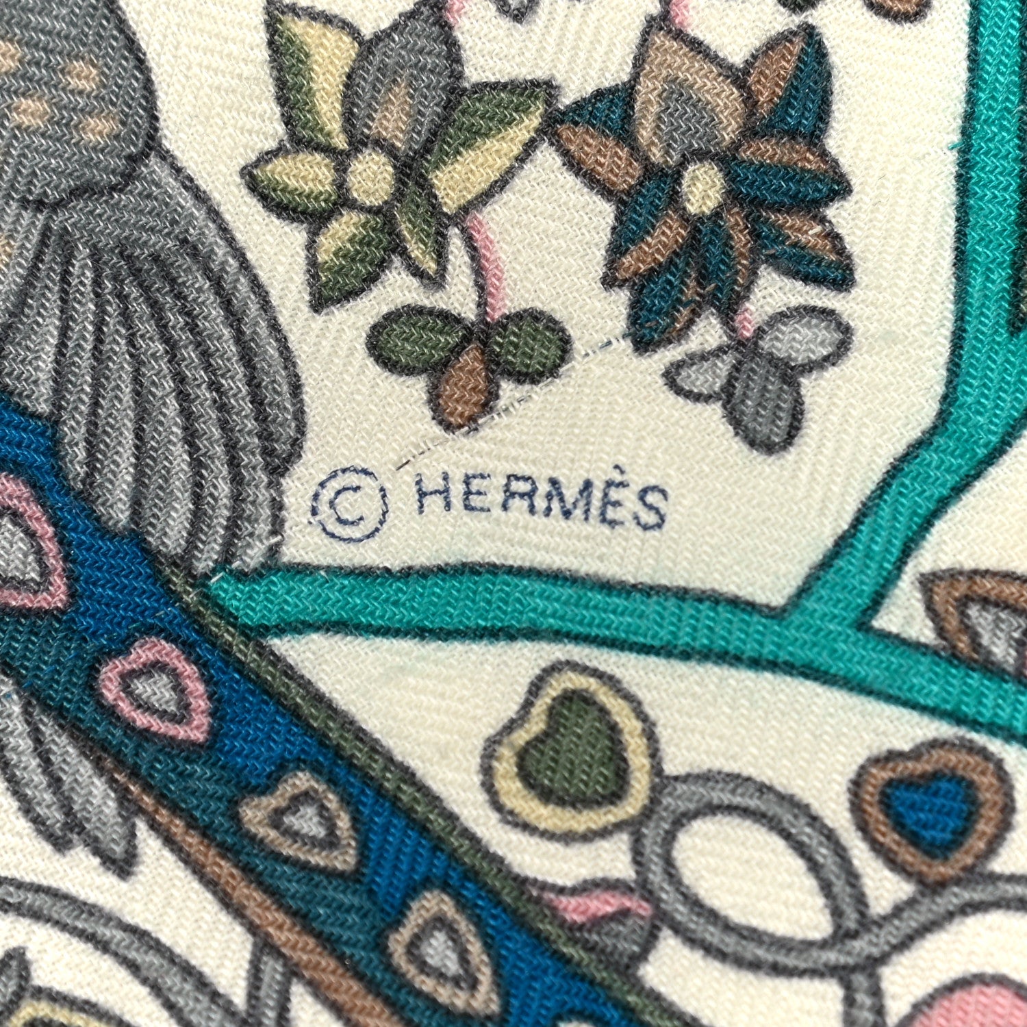 Hermes Cashmere Silk Au Pays Des Oiseaux Fleurs Shawl 140 Vert White Turquoise 4 of 9