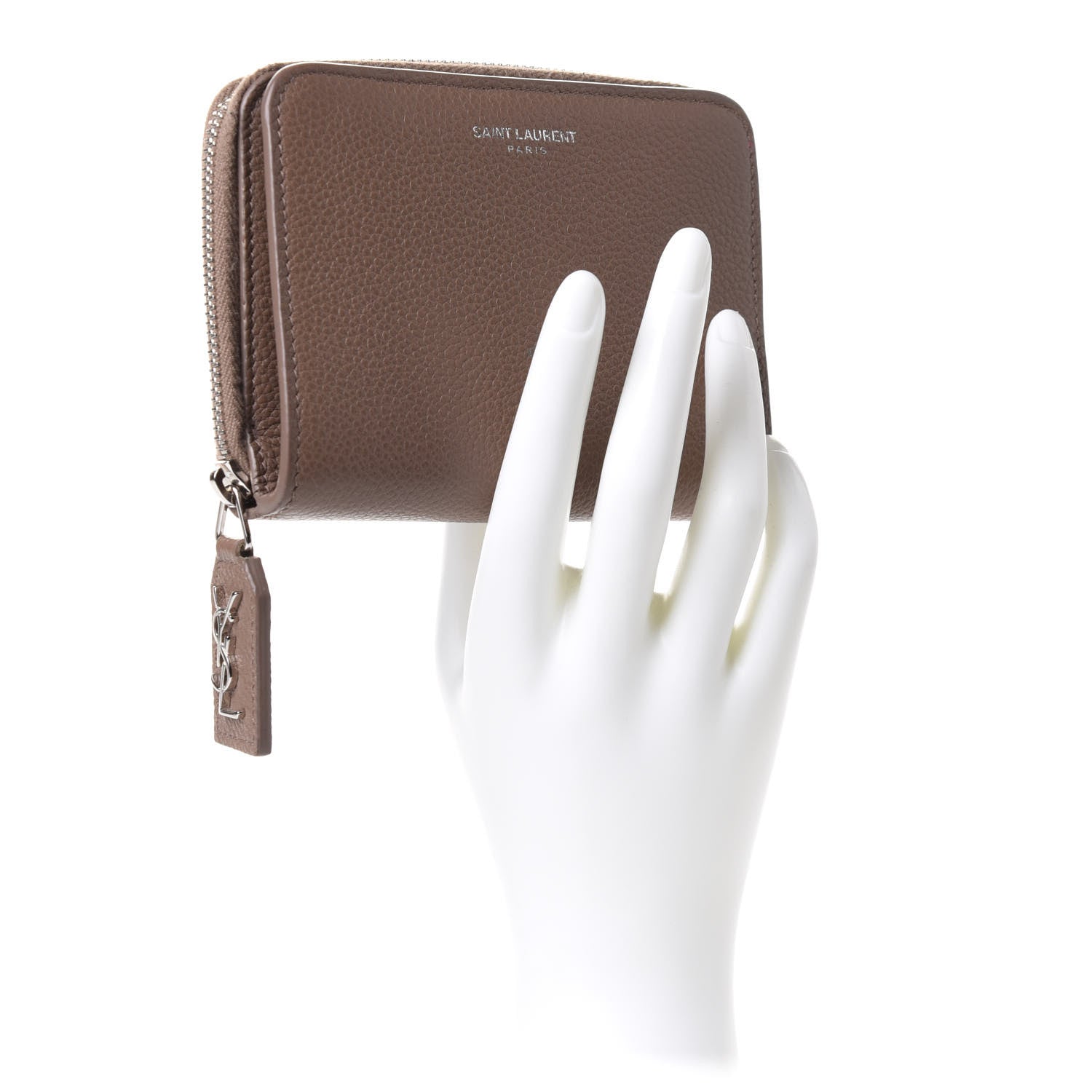 Saint Laurent Grained Calfskin Rive Gauche Compact Zip Around Wallet Taupe 2 of 7