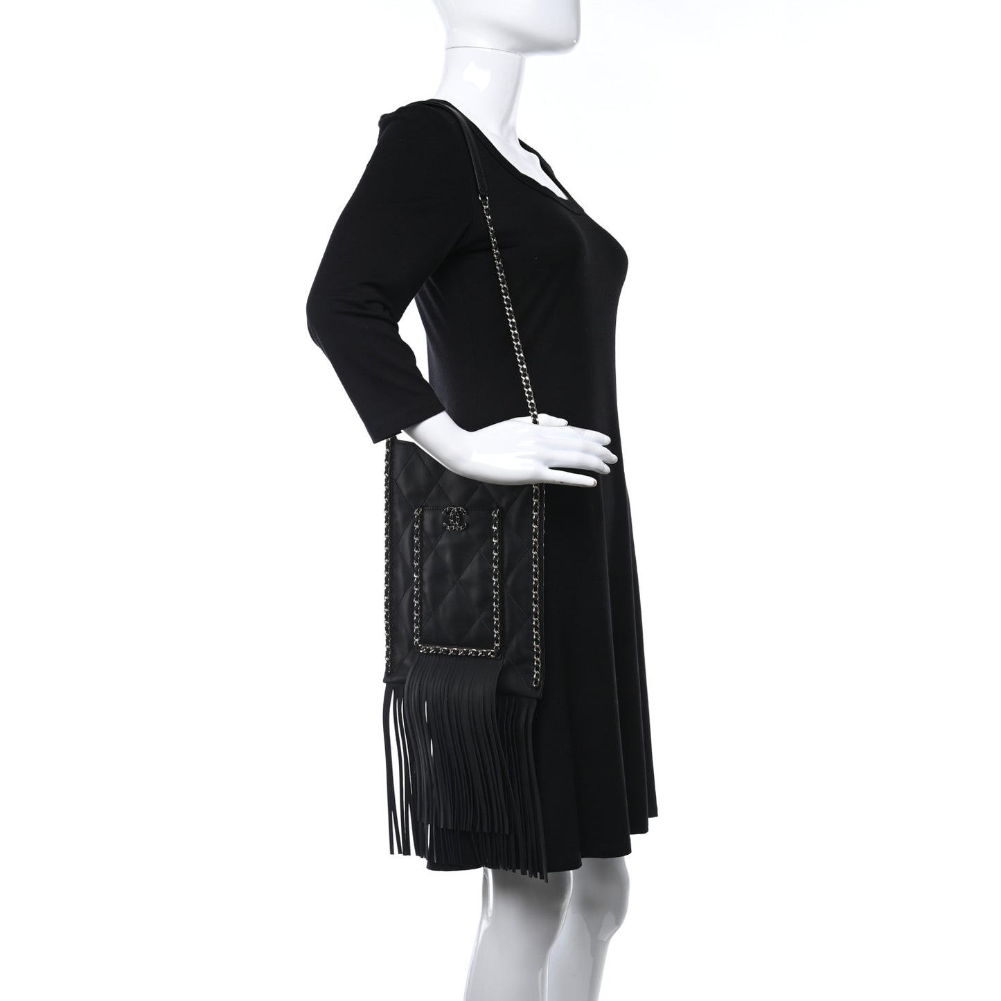 Calfskin Quilted Fringe Small Flat Tote Black