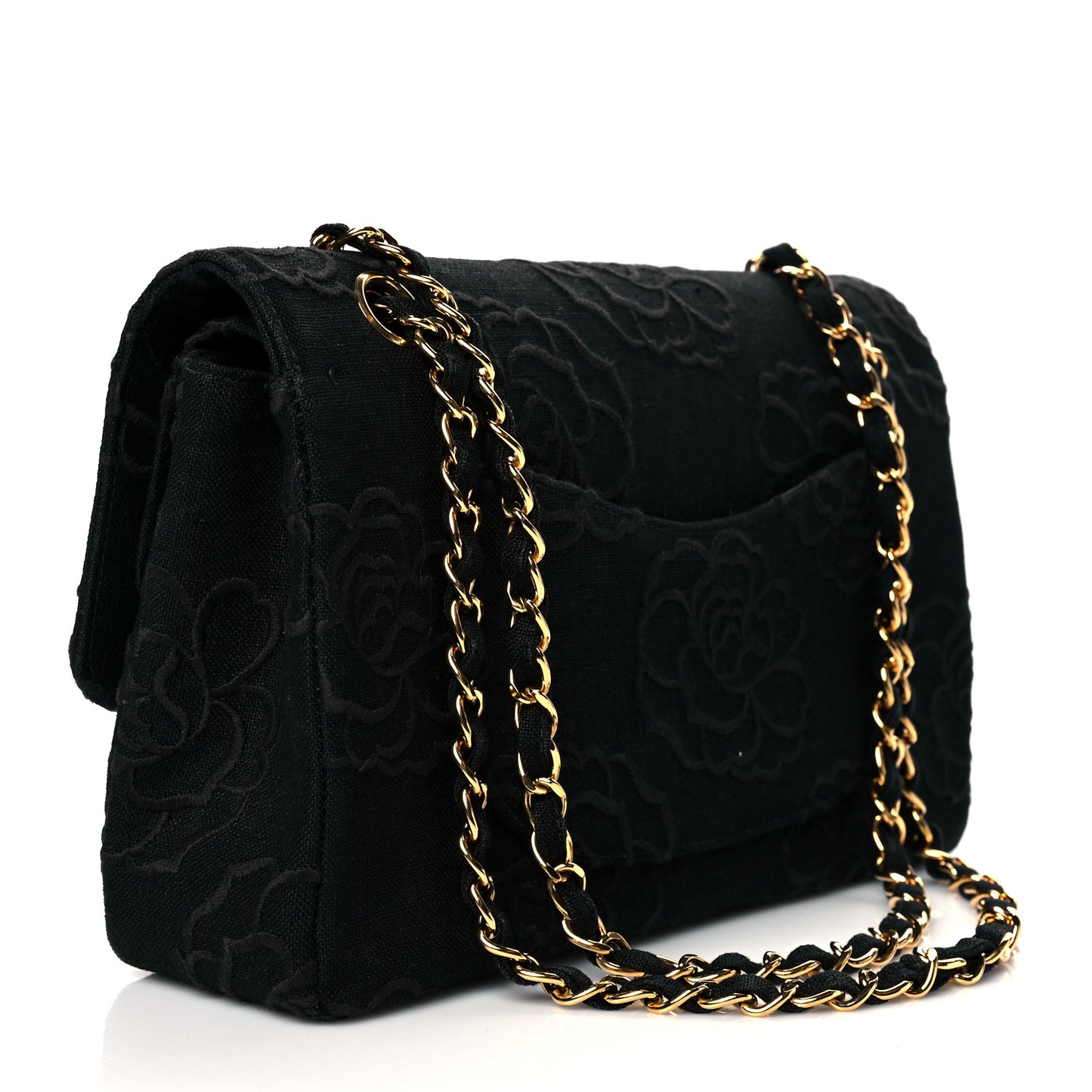Canvas Camellia Embroidered Medium Double Flap Black