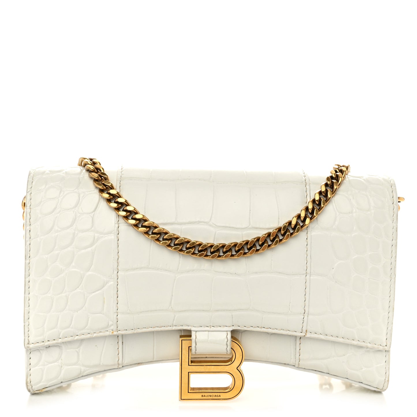 Shiny Calfskin Crocodile Embossed Hourglass Chain Bag White