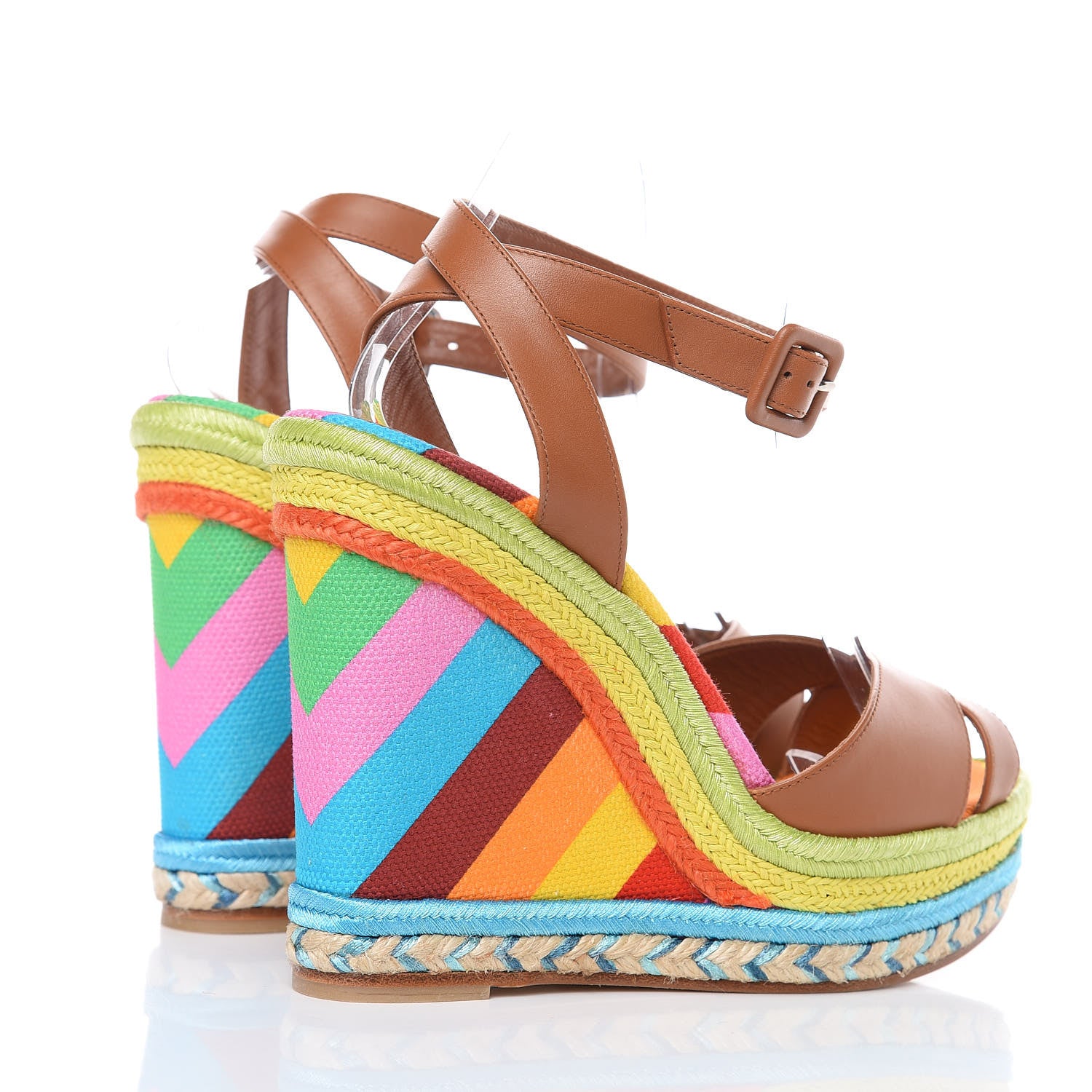 Valentino Garavani Calfskin Canvas Raffia Chevron Print 1973 Espadrille Wedge Sandals 38 Alpaca Multicolor 4 of 10