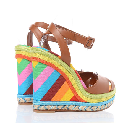 Valentino Garavani Calfskin Canvas Raffia Chevron Print 1973 Espadrille Wedge Sandals 38 Alpaca Multicolor 4 of 10