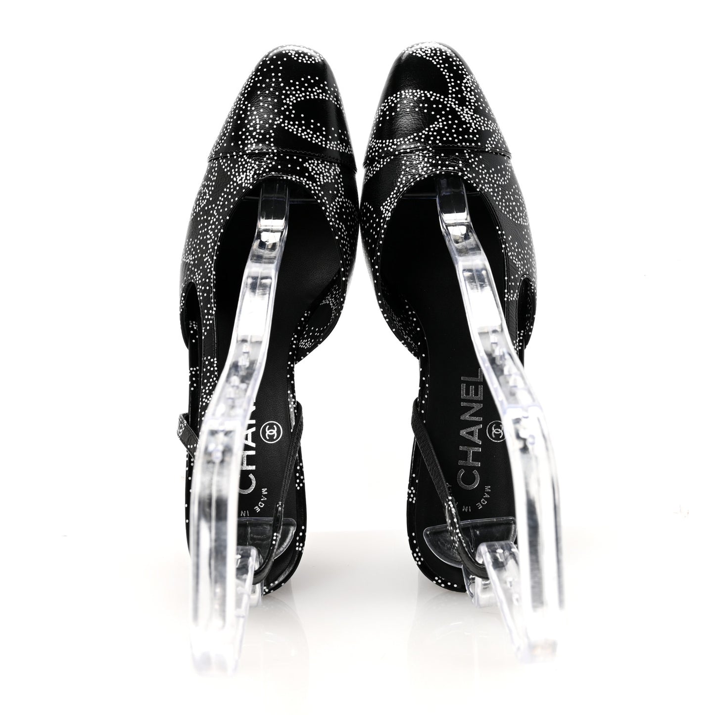Calfskin Camellia Printed Cap Toe CC Slingback Pumps 37 Black White