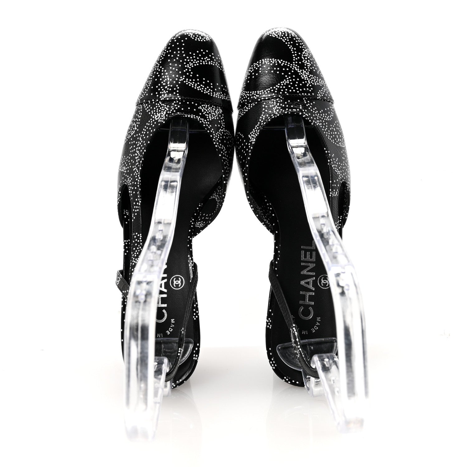 Chanel Calfskin Camellia Printed Cap Toe CC Slingback Pumps 37 Black White 2 of 9