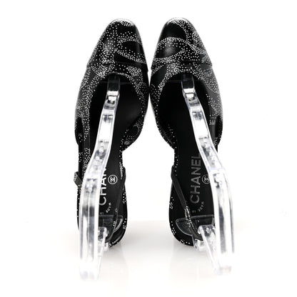 Chanel Calfskin Camellia Printed Cap Toe CC Slingback Pumps 37 Black White 2 of 9