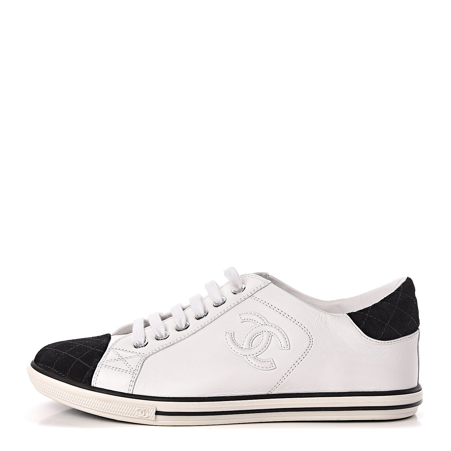 Chanel Calfskin Suede CC Sneakers 36.5 White Black 1 of 8