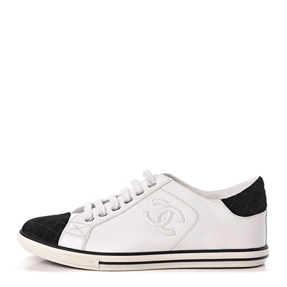 Chanel Calfskin Suede CC Sneakers 36.5 White Black 1 of 8