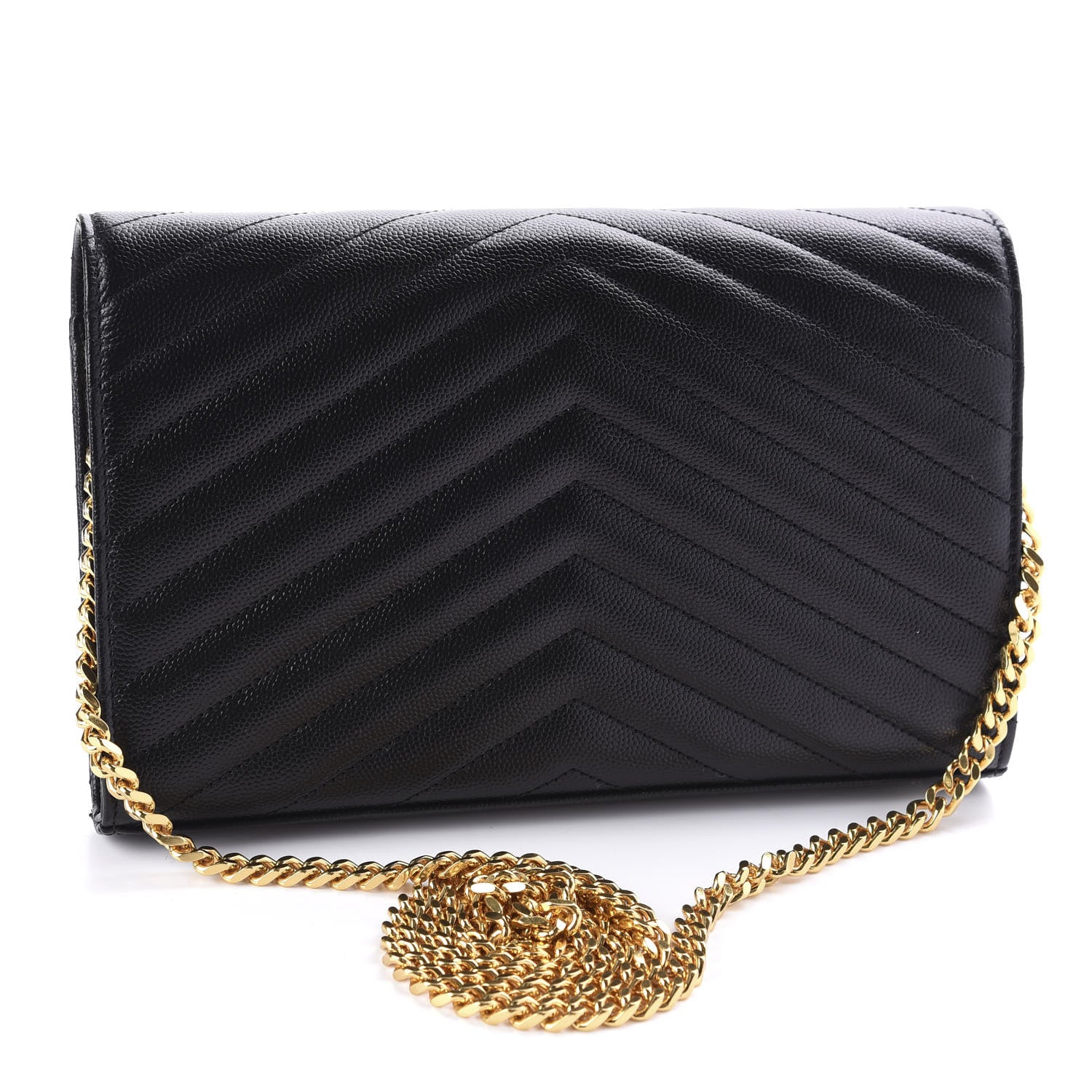 Saint Laurent Grain De Poudre Matelasse Chevron Monogram Chain Wallet Black 3 of 9