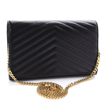 Saint Laurent Grain De Poudre Matelasse Chevron Monogram Chain Wallet Black 3 of 9