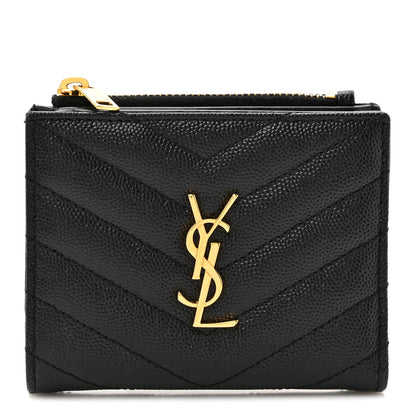 Saint Laurent Grain De Poudre Matelasse Chevron Monogram Zipped Card Case Black 1 of 9