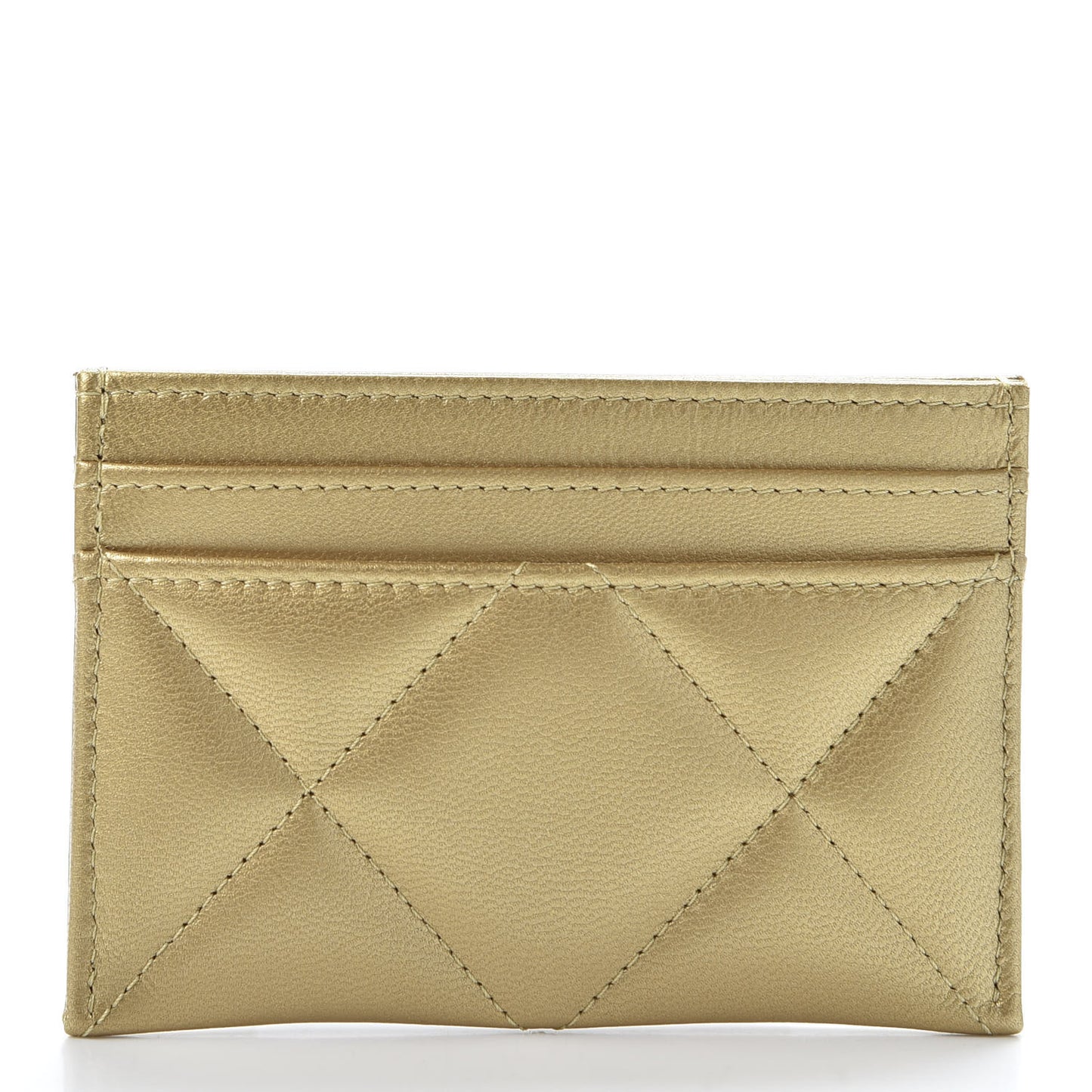 Metallic Goatskin Quilted Chanel 19 Card Holder Gold