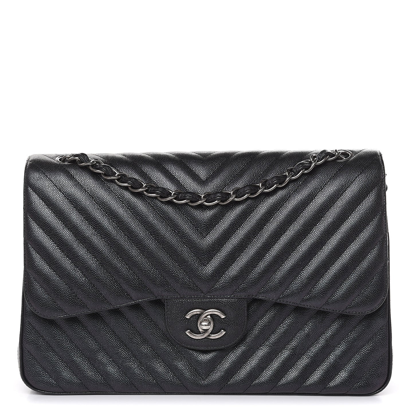 Iridescent Caviar Chevron Quilted Jumbo Double Flap Black