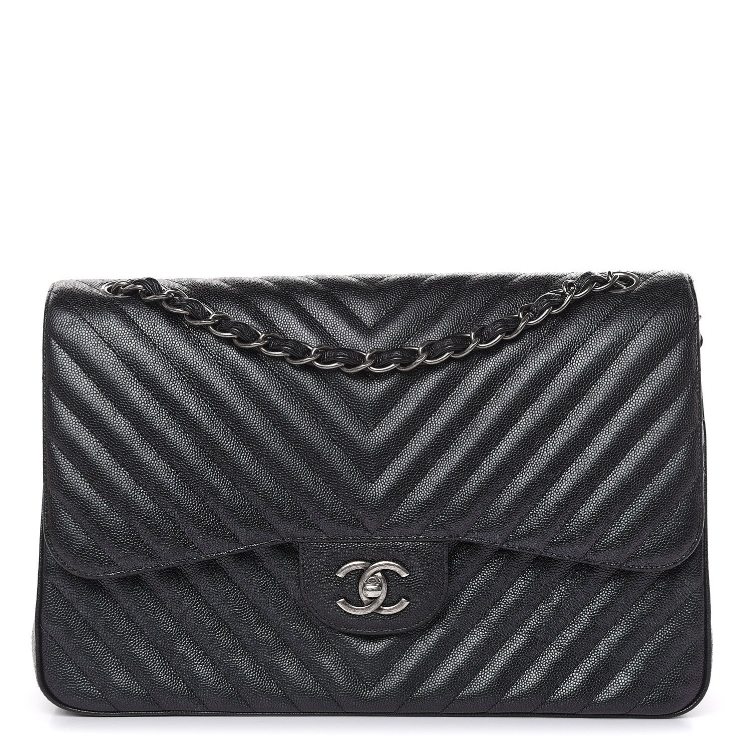 Chanel Iridescent Caviar Chevron Quilted Jumbo Double Flap Black 1 of 12