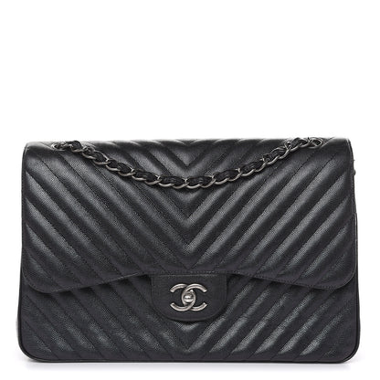 Chanel Iridescent Caviar Chevron Quilted Jumbo Double Flap Black 1 of 12