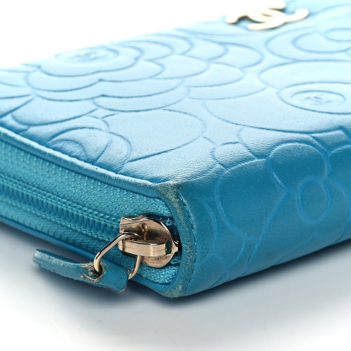 Lambskin Camellia Embossed Large Gusset Zip Around Wallet Blue