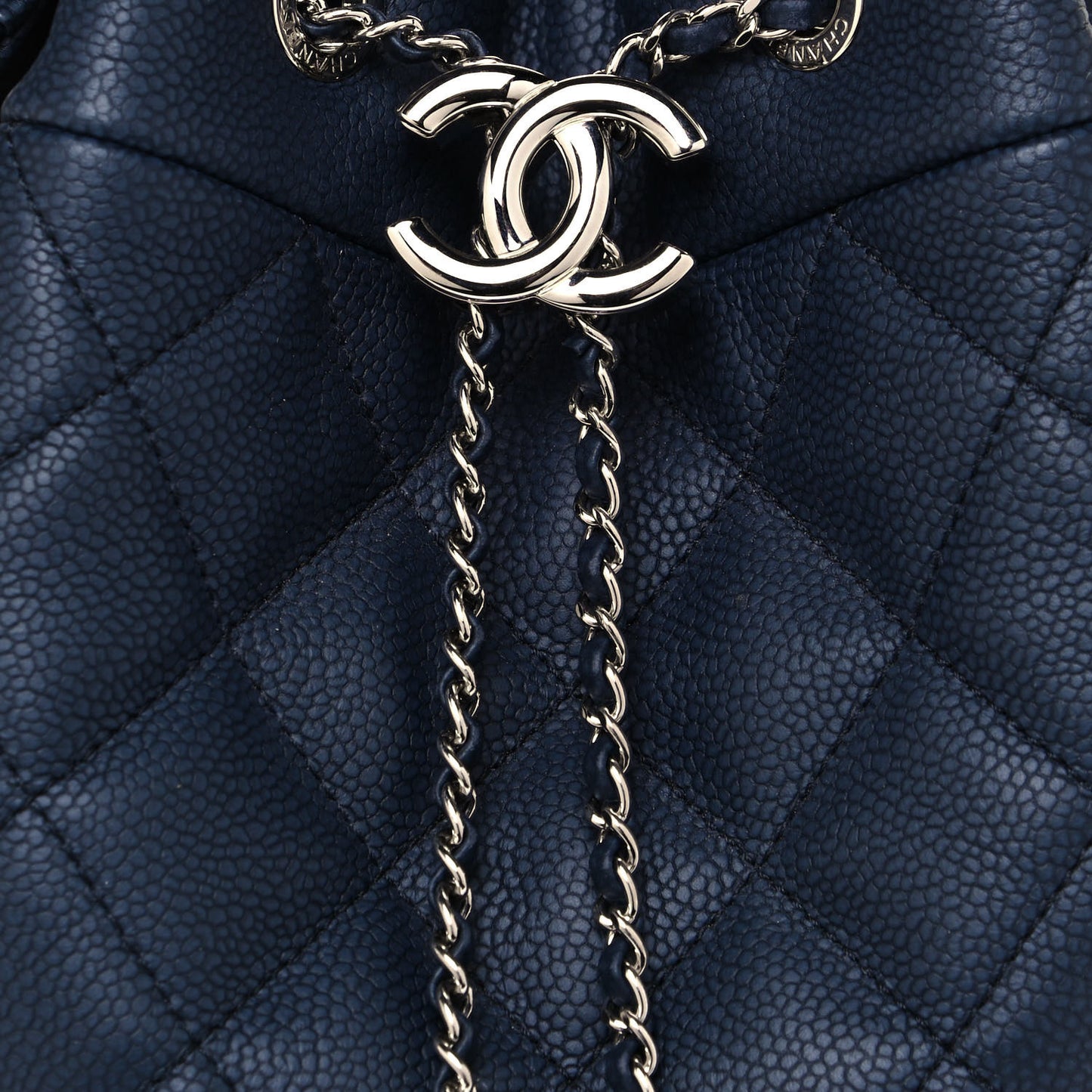 Grained Calfskin Quilted Medium CC Chain Bucket Drawstring Bag Blue