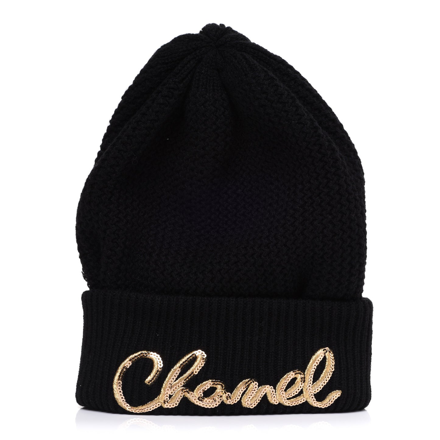 Cashmere Sequin Logo Beanie Hat Black Gold