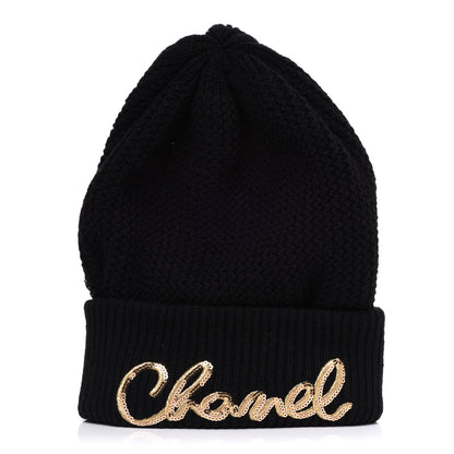 Chanel Cashmere Sequin Logo Beanie Hat Black Gold 1 of 7