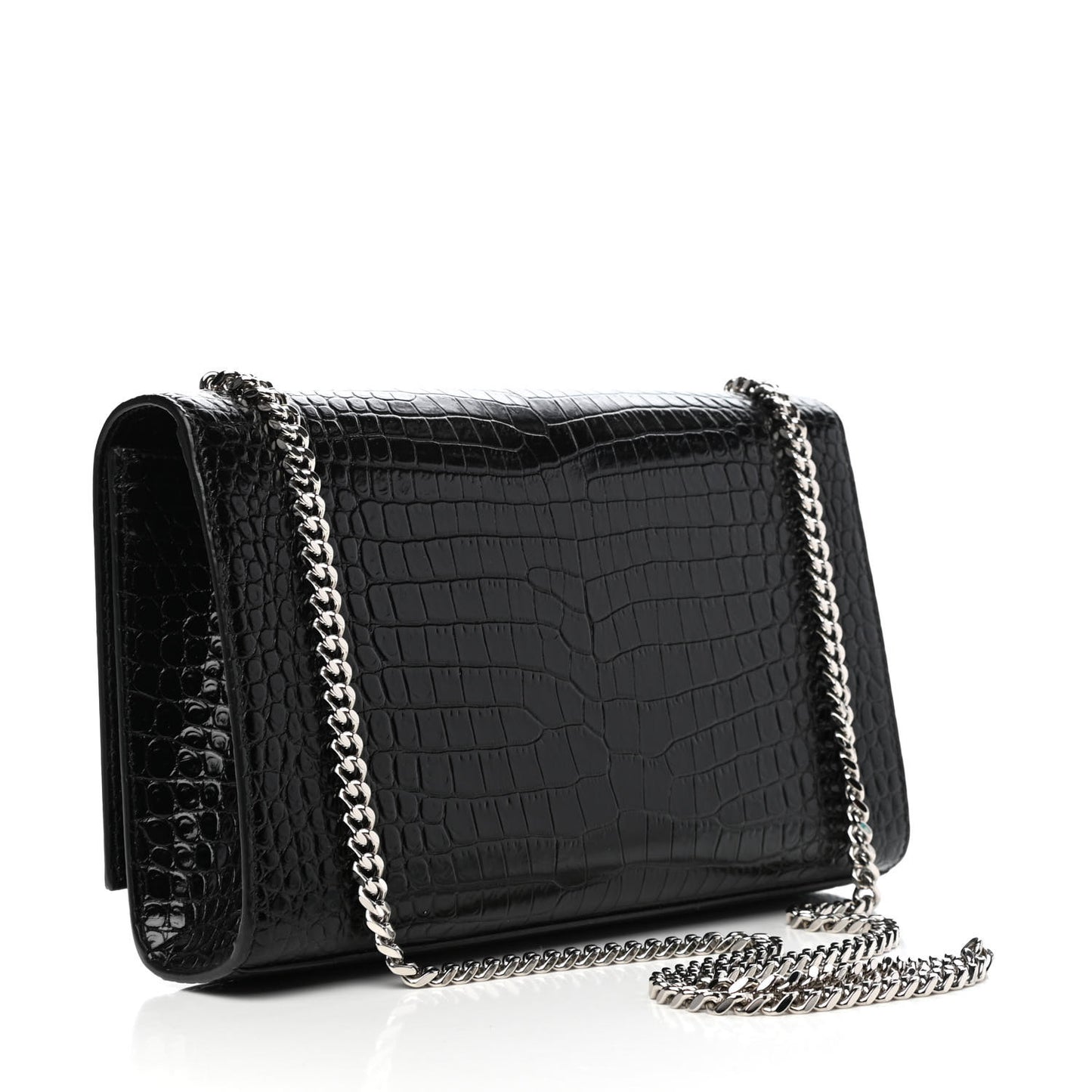 Calfskin Crocodile Embossed Medium Classic Monogram Kate Tassel Satchel Black