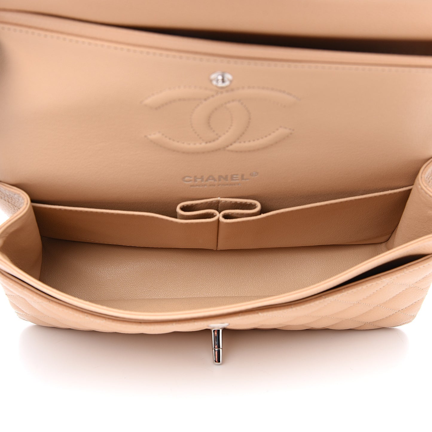 Caviar Quilted Medium Double Flap Beige