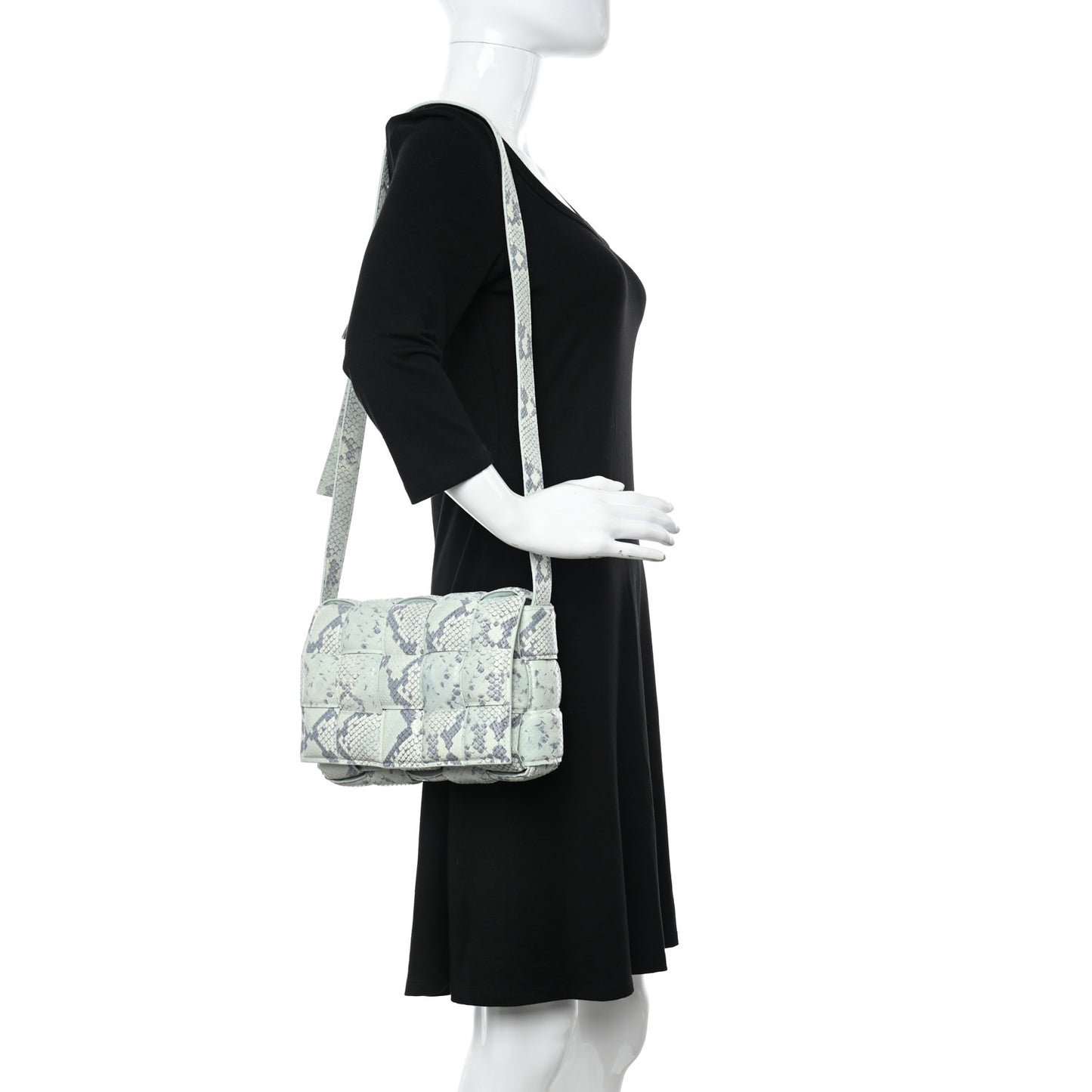 Goatskin Python Embossed Padded Cassette Crossbody Bag Dew Black Silver