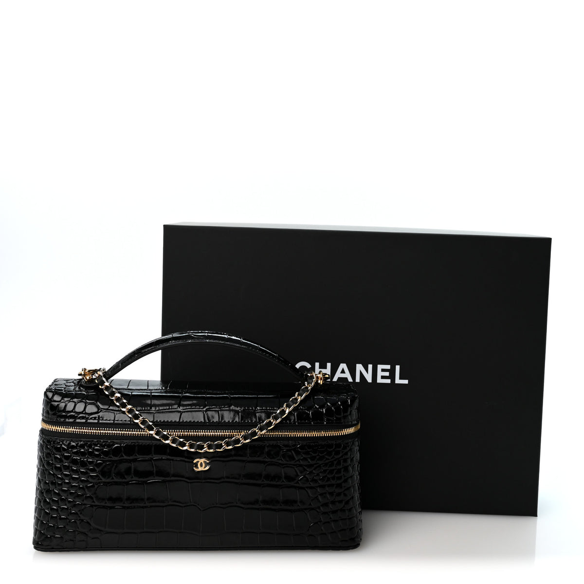 Chanel Calfskin Crocodile Embossed Crococo Top Handle East West Vanity Case With Chain Black 11 of 11