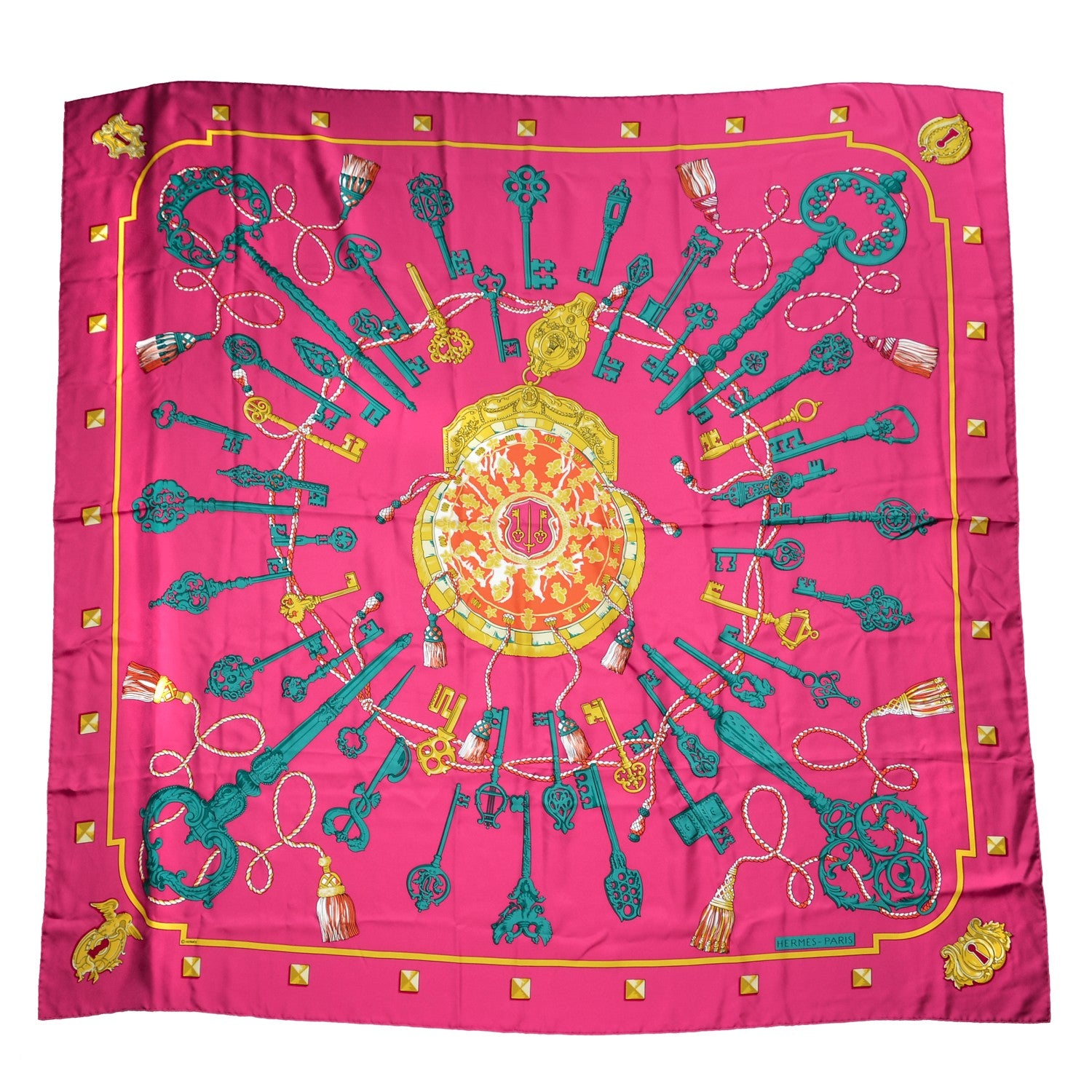 Hermes Silk Les Cles Shawl 140 Fuchsia Vert Orange 1 of 6