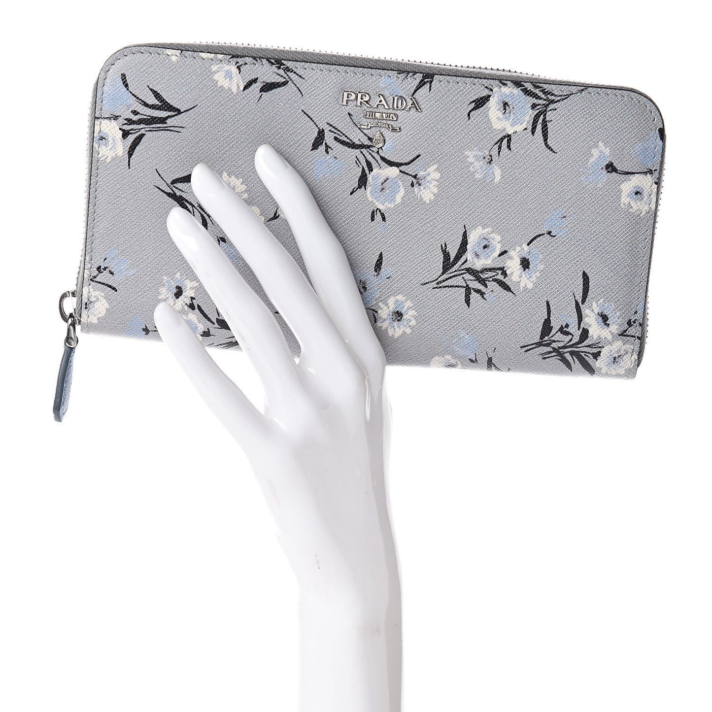Saffiano Floral Print Metal Zip Around Wallet Acciaio