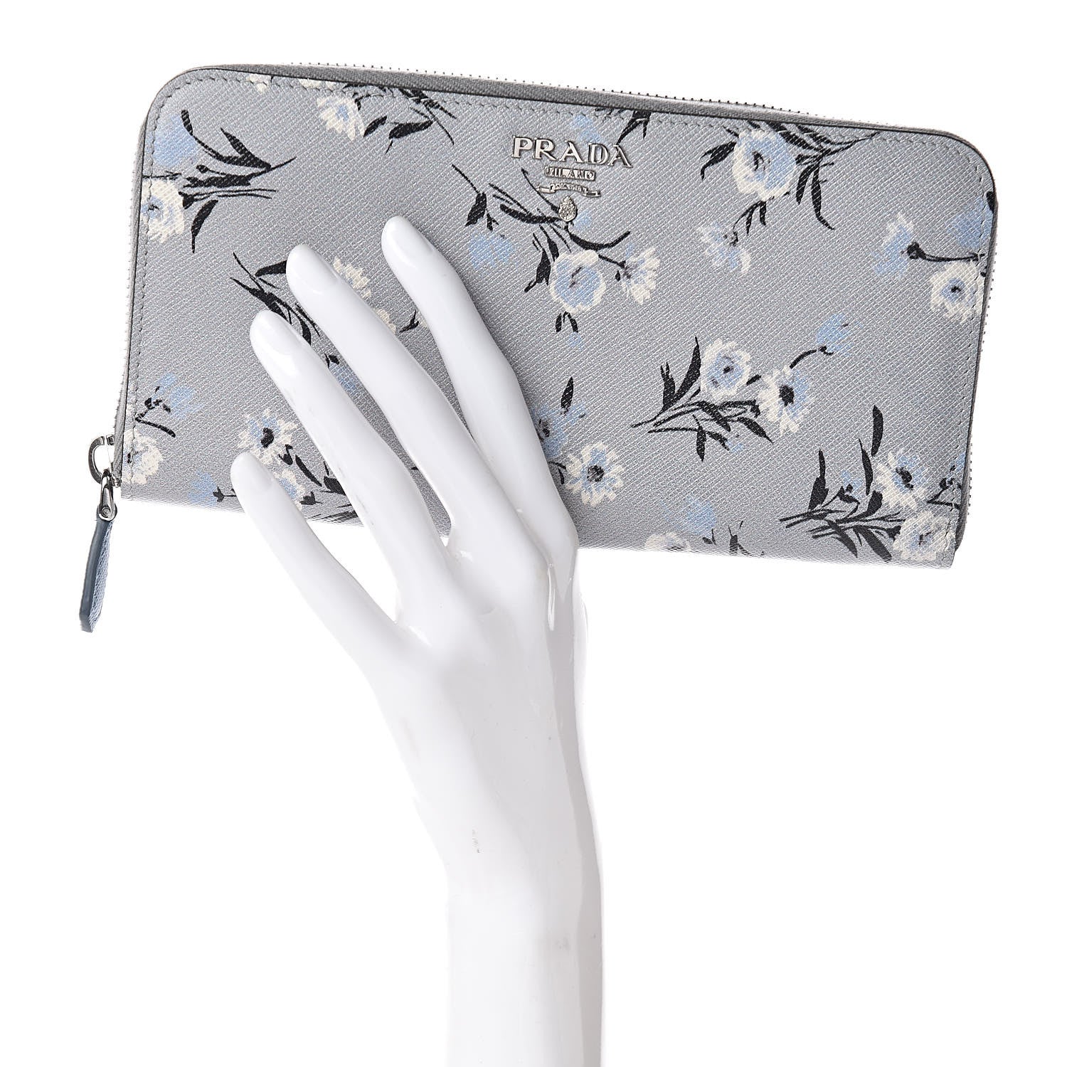 Prada Saffiano Floral Print Metal Zip Around Wallet Acciaio 2 of 6